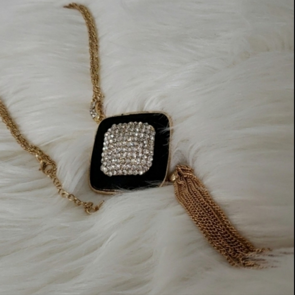 Leather & Pave Crystal  Necklace Tassel Statement Clear Glass 18K Gold - Picture 10 of 12